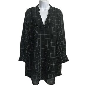 🔴 4/$15 She + Sky Brand B&W Grid Pattern V-Neck Long Sleeve Dress size M in EUC